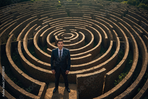 A businessman is trying to get out of a maze.