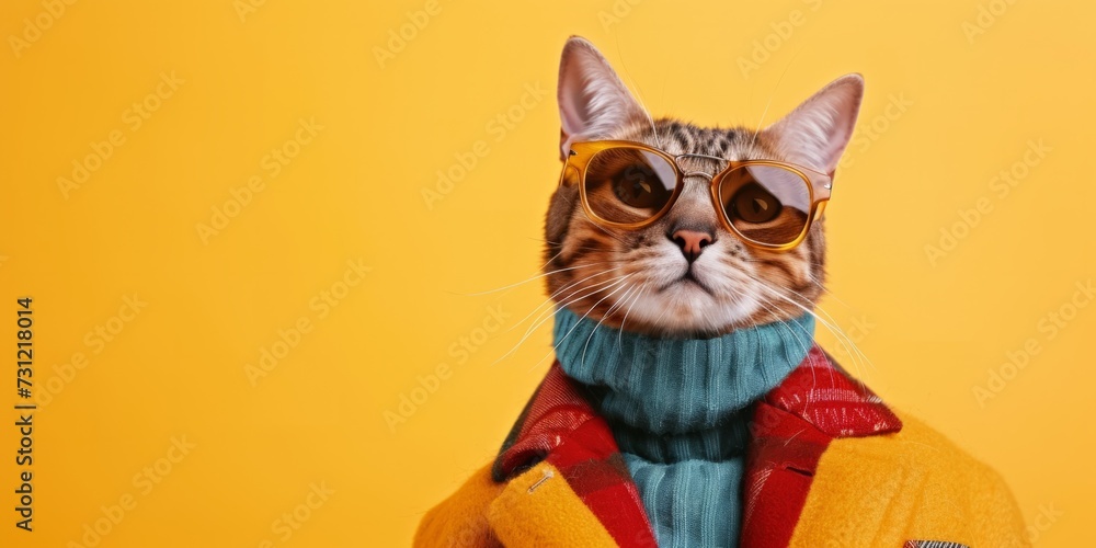 Cool Looking Cat In Fashionable Clothes On Yellow With Copy Of The Space