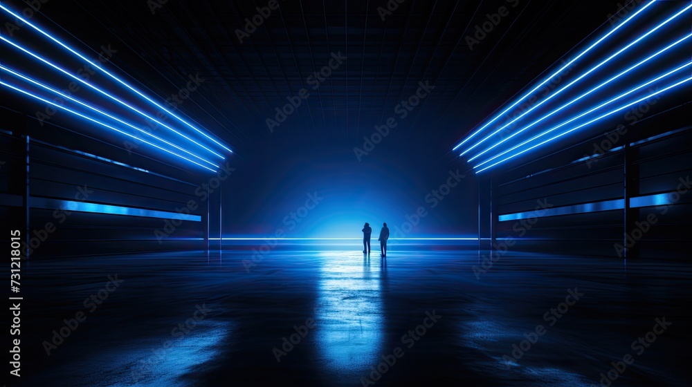Dark garage background, perspective view of warehouse in with led neon blue lighting. Modern design of large empty room, abstract space interior. Concept of show, industry, studio