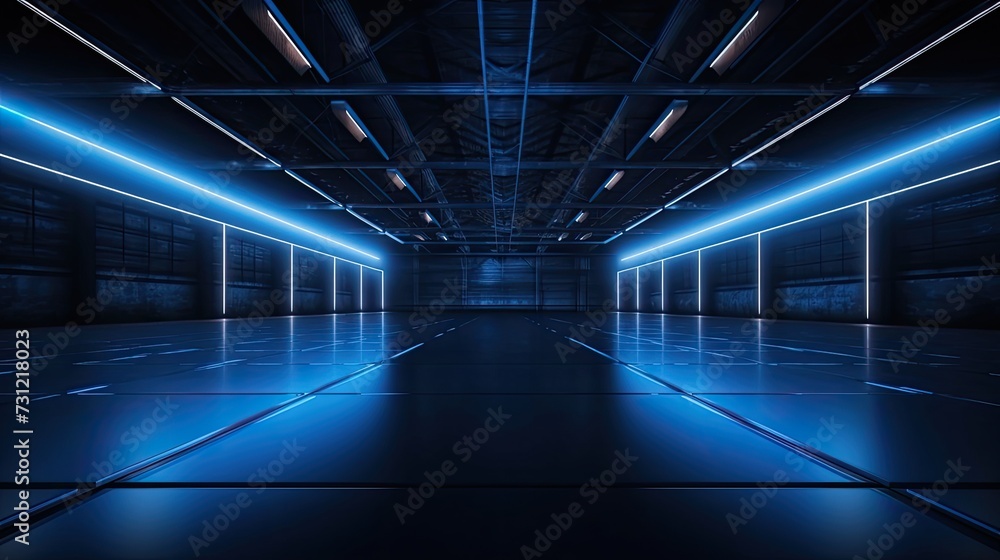 Dark garage background, perspective view of warehouse in with led neon blue lighting. Modern design of large empty room, abstract space interior. Concept of show, industry, studio Dark garage background, perspective view of warehouse in with led neon blue lighting. Modern design of large empty room, abstract space interior. Concept of show, industry, studio