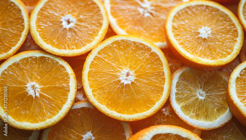 Top view of fresh orange slices, vibrant colors, full frame, healthy lifestyle, vitamin C source, juicy citrus background