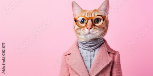 Cool Looking Cat In Fashionable Clothes On Pink With Copy Of The Space