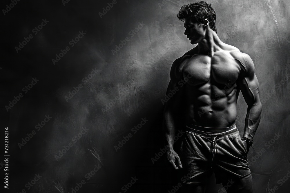 Monochrome image of a muscular man in profile against a dark background, highlighting his physique. Monochrome image of a muscular man in profile against a dark background, highlighting his physique.