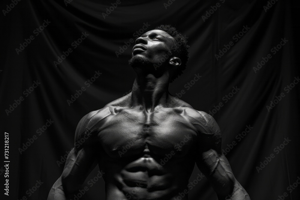Monochrome image of a muscular man looking upwards with a dramatic black backdrop, highlighting strength and determination.