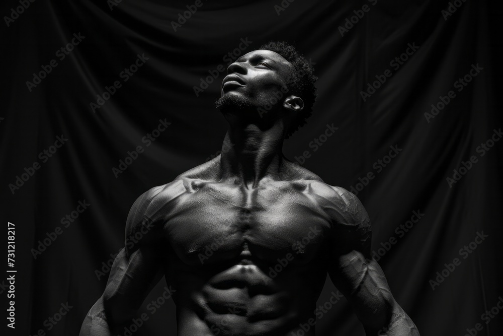 Monochrome image of a muscular man looking upwards with a dramatic black backdrop, highlighting strength and determination. Monochrome image of a muscular man looking upwards with a dramatic black backdrop, highlighting strength and determination.