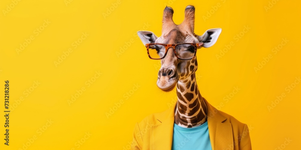 Fototapeta premium Stylish Giraffe In Fashionable Outfit Poses Against Yellow Background With Space-Themed Poster