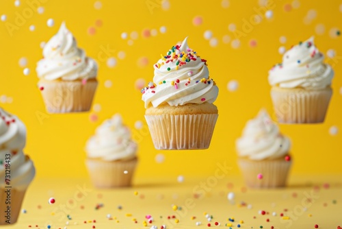 Cupcakes Showcase Effortless Deliciousness, Adorned With Cream And Sprinkles, Against Vibrant Yellow Backdrop