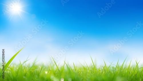 Lush Green Grass Field Under a Clear Blue Sky on a Sunny Day