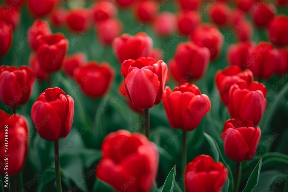 Lively Backdrop: Breathtaking Field Of Vibrant Red Tulips