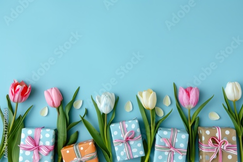 Festive Presents And Vibrant Tulips Adorn Cheerful Blue Backdrop