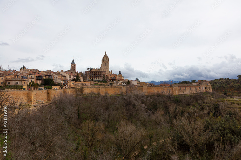 Spain view of the city of Segovia on a cloudy spring day