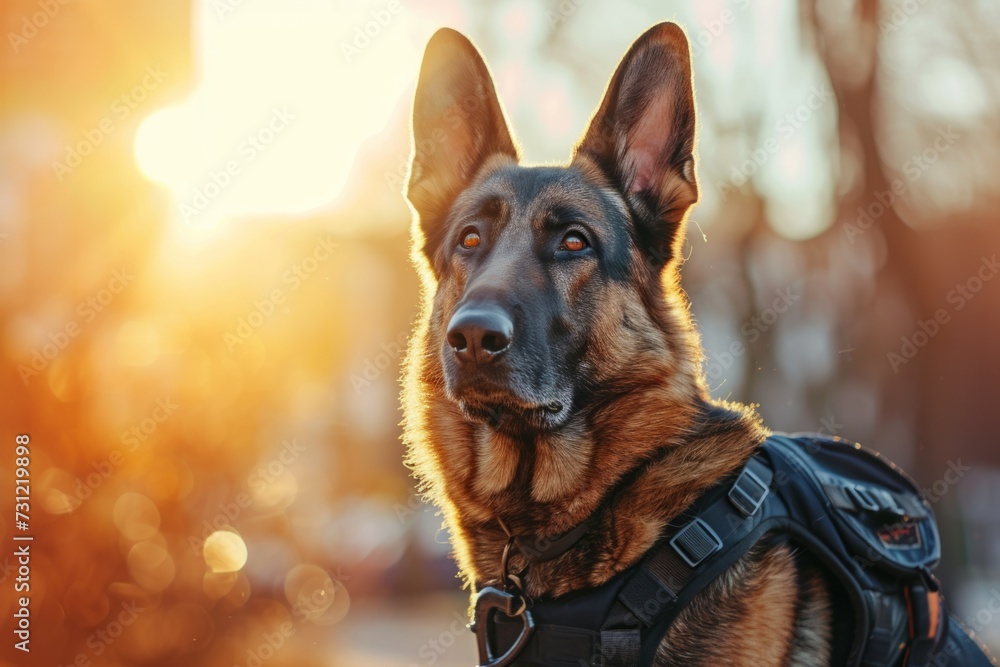 Assisting Authorities In Urban Settings: The German Shepherd Dog Equipped With A Harness In Sunlit Conditions Assisting Authorities In Urban Settings: The German Shepherd Dog Equipped With A Harness In Sunlit Conditions