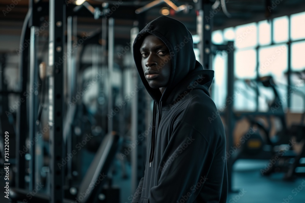 Bold Gymgoer Flaunts Confidence In Black Hoodie Amidst Workout Equipment Bold Gymgoer Flaunts Confidence In Black Hoodie Amidst Workout Equipment