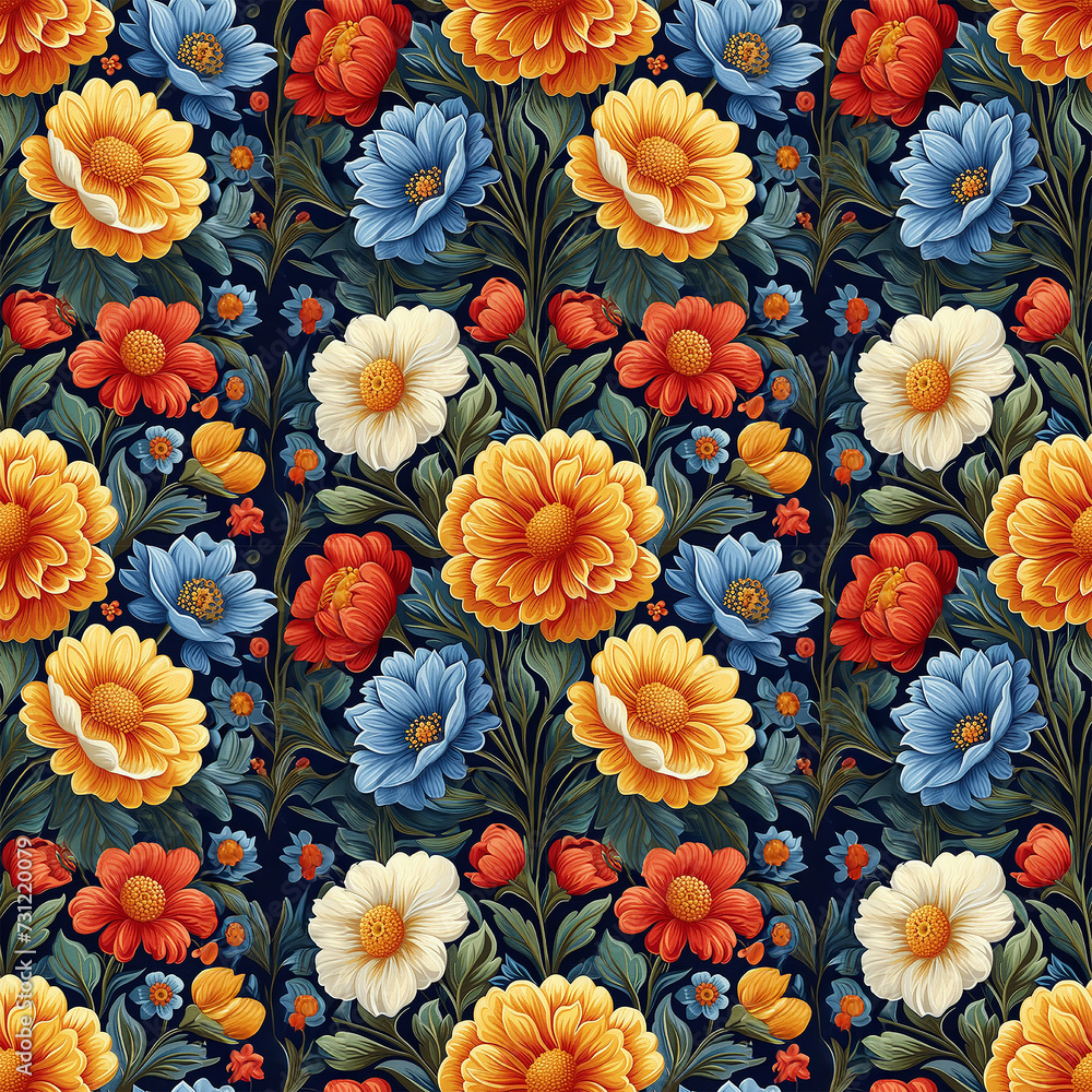 Beautiful seamless floral pattern with bright flowers on a white background in tapestry style. Generated by AI.
