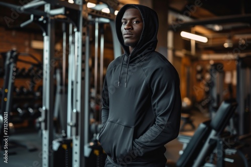 Confident Gymgoer Wearing Black Hoodie Commands Presence Amidst Workout Equipment