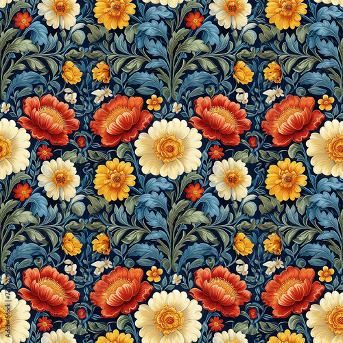 Beautiful seamless floral pattern with bright flowers on a white background in tapestry style. Generated by AI.