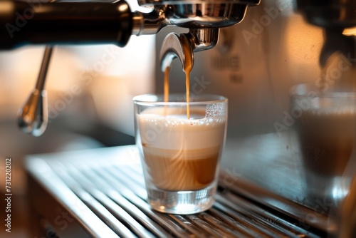 Latte Pouring From Coffee Machine Into Glass, Captured From The Front