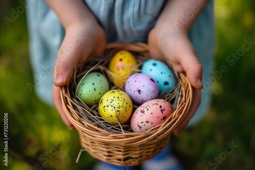 Playful Kid Delights With Colorful Basket Of Easter Eggs Spattered With Colorful Dots