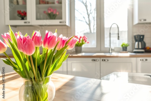 Elegant Modern White Kitchen Decorated With Fresh Tulips, Embracing Cozy Home Atmosphere And Celebrating Women's Day