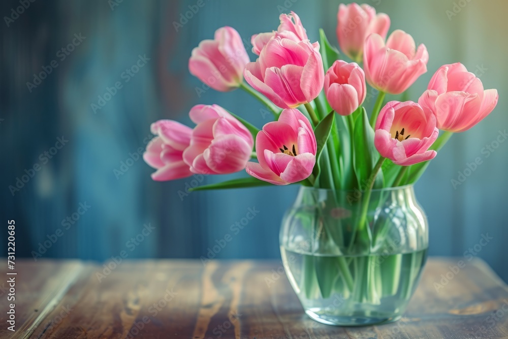 Fototapeta premium Elegant Display Of Pink Tulips In Vase On A Graceful Wooden Table
