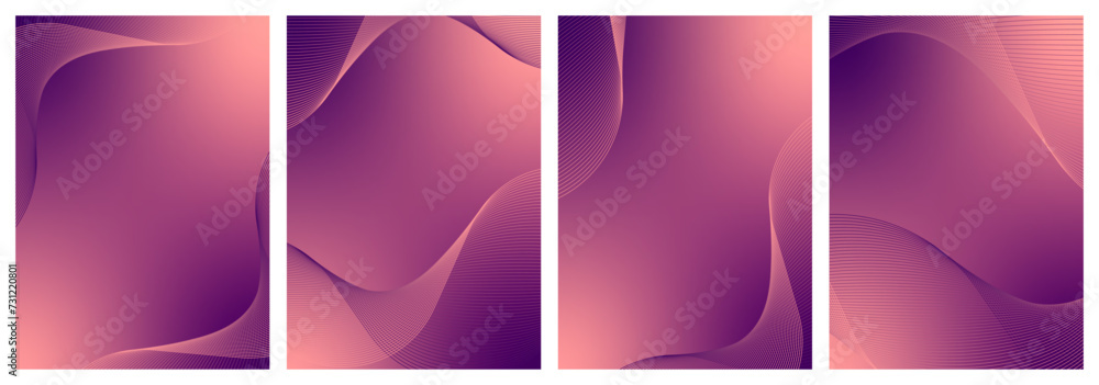 Abstract background vector set orange violet with dynamic waves for wedding. Futuristic technology backdrop with network wavy lines. Premium template with stripes, gradient mesh for banner, poster