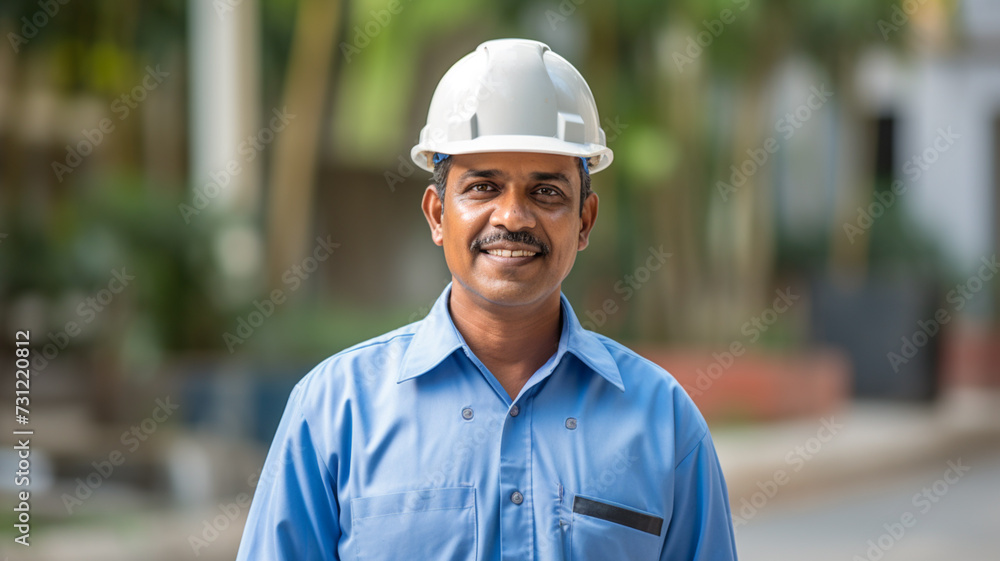 Successful indian contractor at building site. Concept of construction.
Successful indian contractor at building site. Concept of construction.