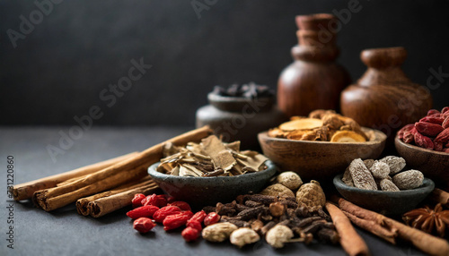 Traditional Chinese herbal medicine assortment: vibrant array of dried herbs and roots in wooden bowls, symbolizing holistic healing and natural remedies