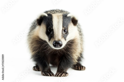 Solitary Badger Standing Against Clean, White Backdrop, Captivating Viewers