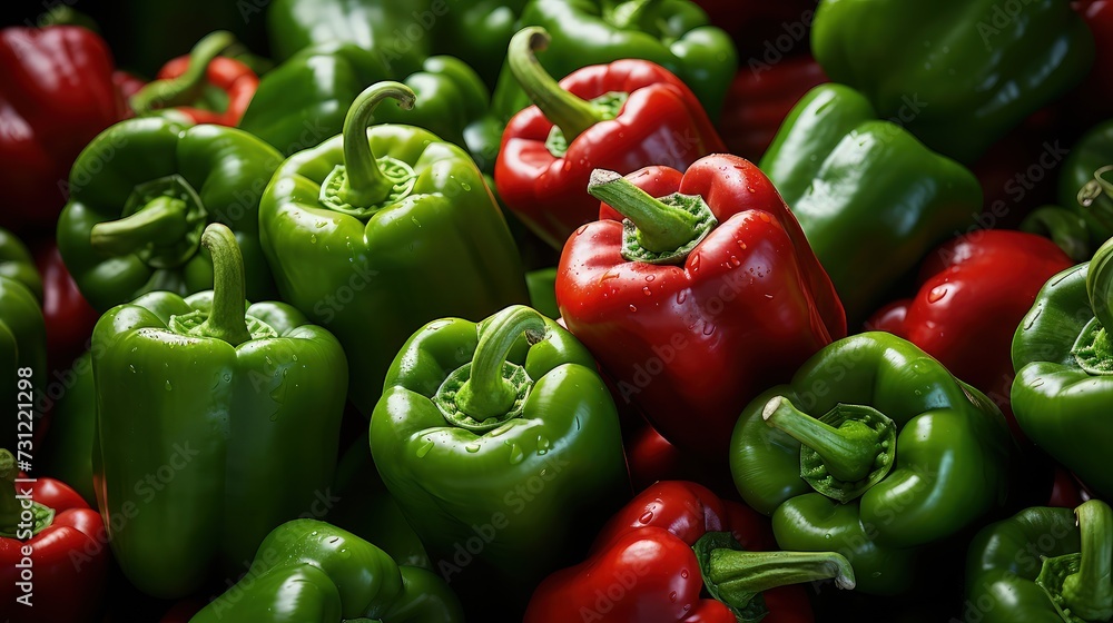 Pile of red and green bell peppers for a vegetable theme background