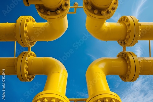Vibrant Blue Sky Frames Network Of Industrial Yellow Pipelines And Valves