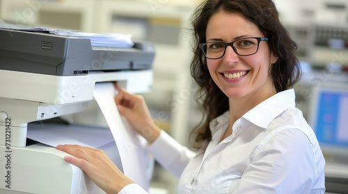 Smiling middle aged woman in eyeglasses in the office with a printer. A woman proficiently managing office printing needs.