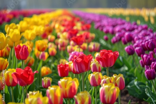Radiant Field Of Tulips Blooms In Picturesque Landscape, Exuding Untouched Splendor