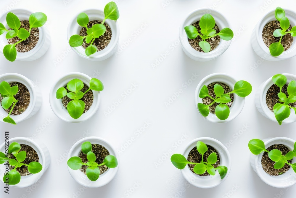 Nurturing Future Growth: Vibrant Green Seedlings In White Saucers And Cups Nurturing Future Growth: Vibrant Green Seedlings In White Saucers And Cups