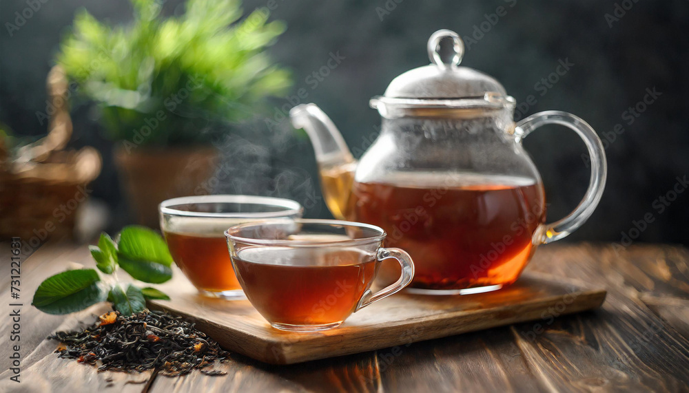 Teapot with two cups of tea on table, symbolizing cozy moments and sharing Teapot with two cups of tea on table, symbolizing cozy moments and sharing
