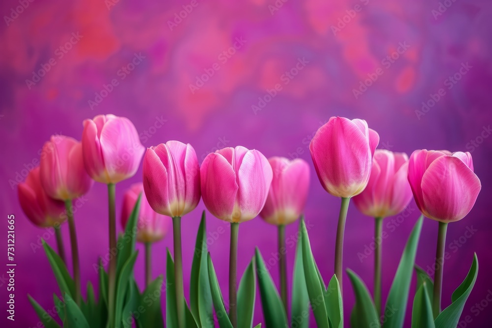 Obraz premium Bold Contrast: Vibrant Pink Tulips Shine Against Stunning Purple Background