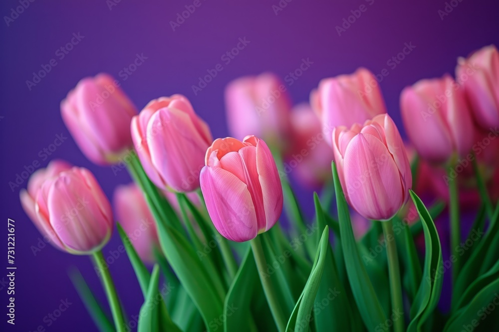 Vibrant Pink Tulips Bloom Against Striking Purple Backdrop