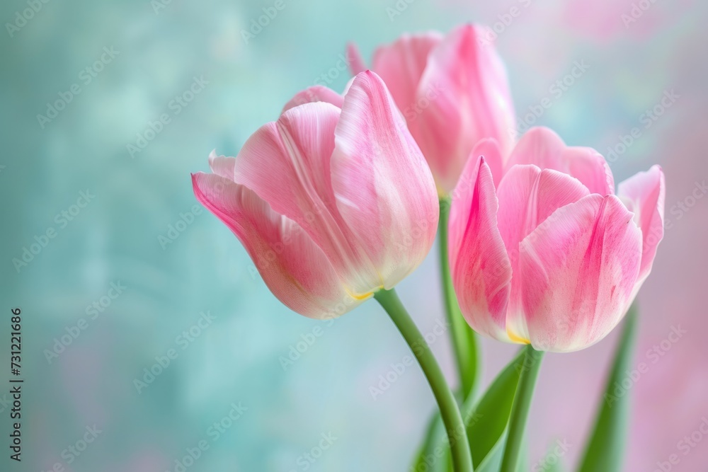 Vibrant Pink Tulips Bloom Gracefully Against Soft Pastel Backdrop