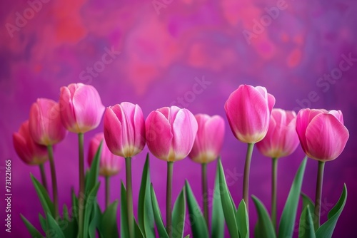 Bold Contrast: Vibrant Pink Tulips Shine Against Stunning Purple Background