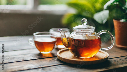 Teapot with two cups of tea on table, symbolizing cozy moments and sharing