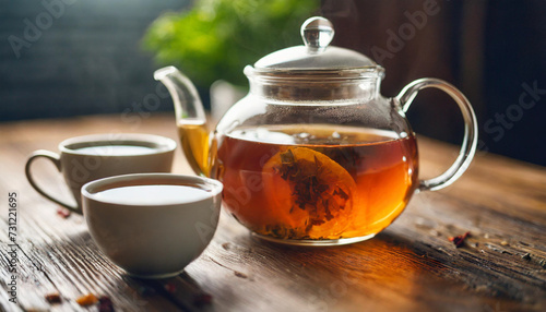 Teapot with two cups of tea on table, symbolizing cozy moments and sharing
