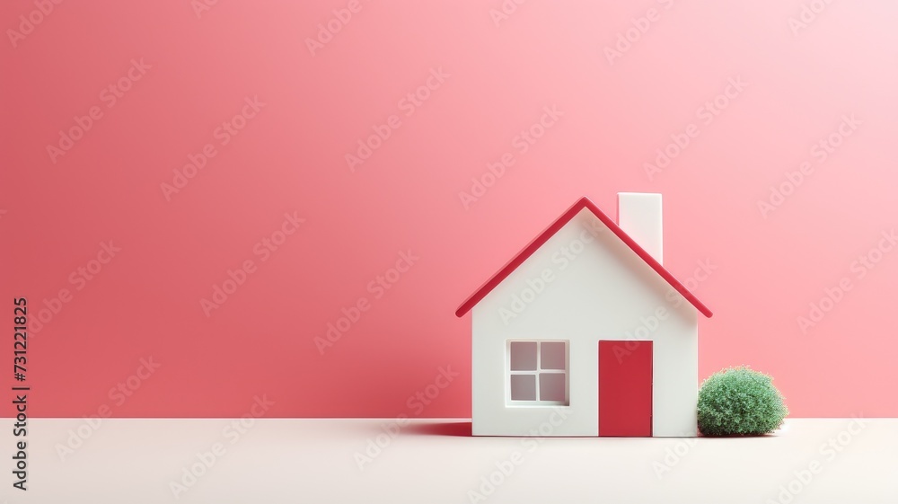 Red-roofed minimalist house model on a plain background with a green bush Red-roofed minimalist house model on a plain background with a green bush