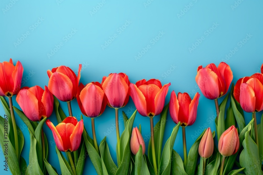Capturing The Essence Of Spring: Serene Blue Backdrop Enhances Vibrant Tulips, Evoking Joy Capturing The Essence Of Spring: Serene Blue Backdrop Enhances Vibrant Tulips, Evoking Joy