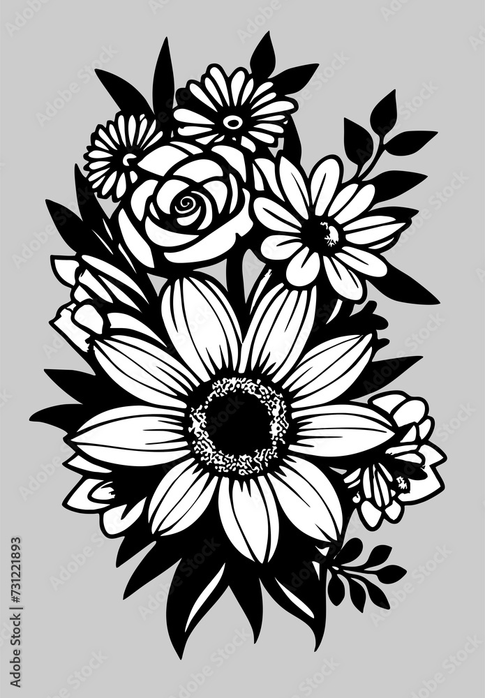 black and white graphic linear drawing of a branch of flowers on a gray background, design
