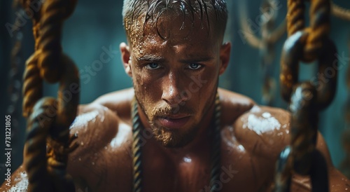 A dripping wet man stares ahead, his face and chest glistening with water, a symbol of vulnerability and raw emotion