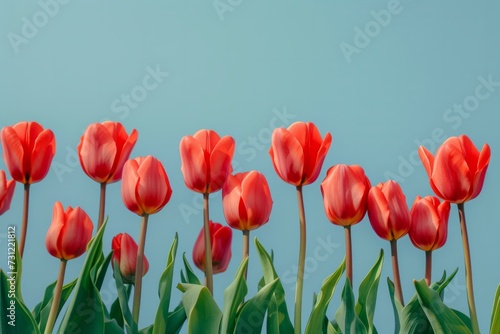 Stunning Contrast  Vibrant Red Tulips Against Serene Blue Backdrop  Ideal For Advertisements