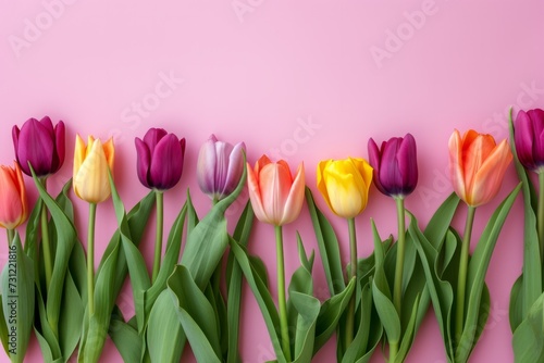 Vibrant Tulips Adorning Soft Pink Backdrop, Perfect For Customization