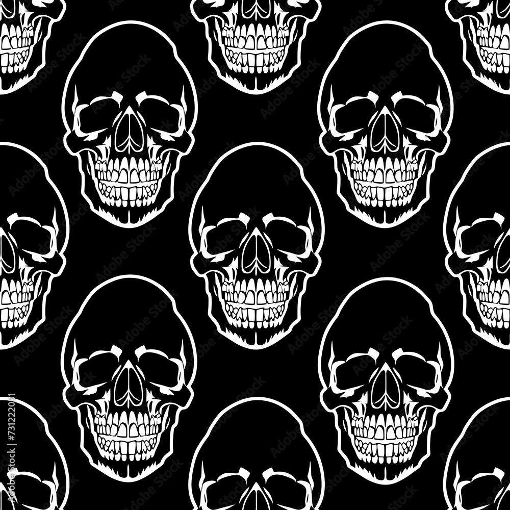 seamless symmetrical pattern of white human skulls on a black ...