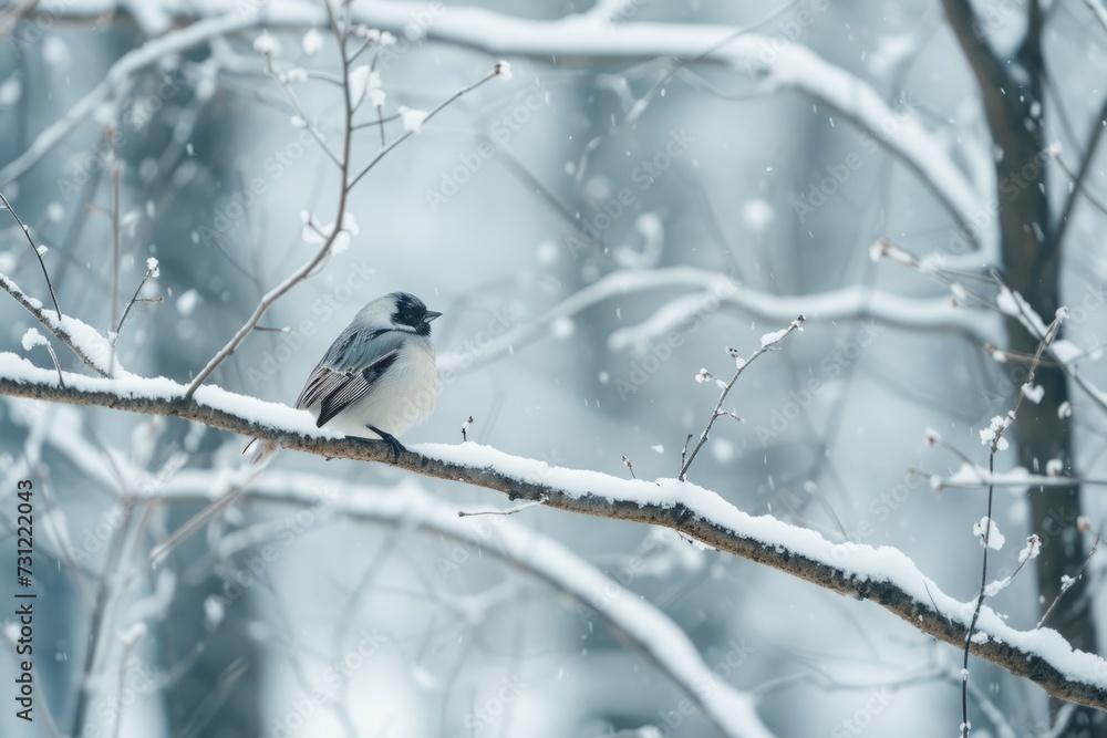 Winter Wonderland Bird Perches On Snowy Branch In Forest Winter Wonderland Bird Perches On Snowy Branch In Forest