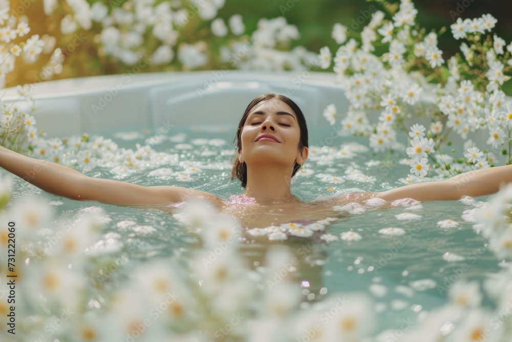 Woman In Hot Tub Surrounded By Blossoming Flowers, Radiating Pure Joy