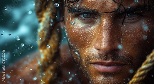 A striking portrait of a man, his face adorned with glistening water drops, evoking feelings of vulnerability and raw emotion